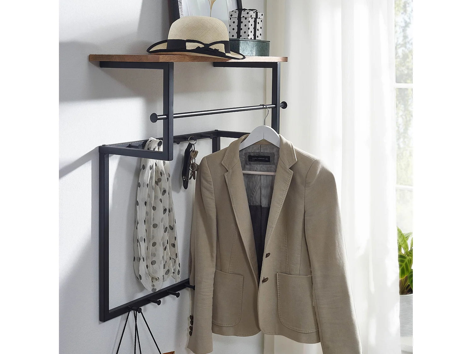 Porte Manteau Mural 10 Crochets Bois Massif Metal 60 cm Patere Murale