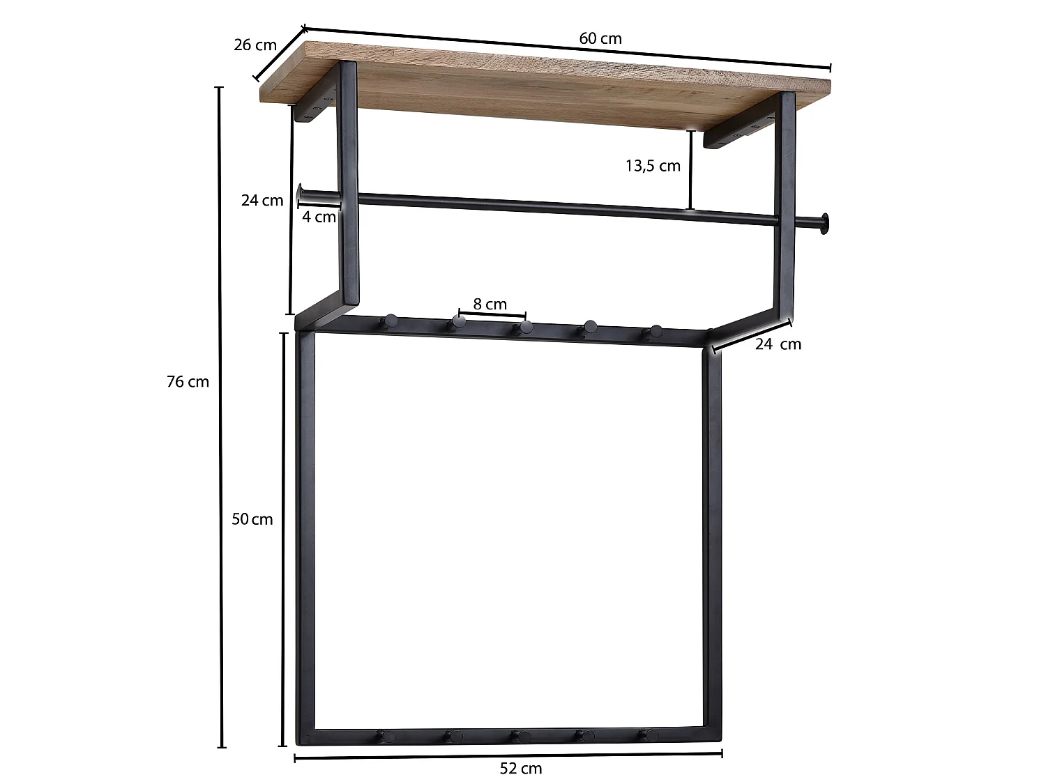 Porte Manteau Mural 10 Crochets Bois Massif Metal 60 cm Patere Murale