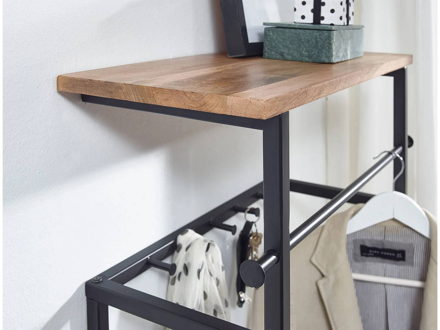 Porte Manteau Mural 10 Crochets Bois Massif Metal 60 cm Patere Murale