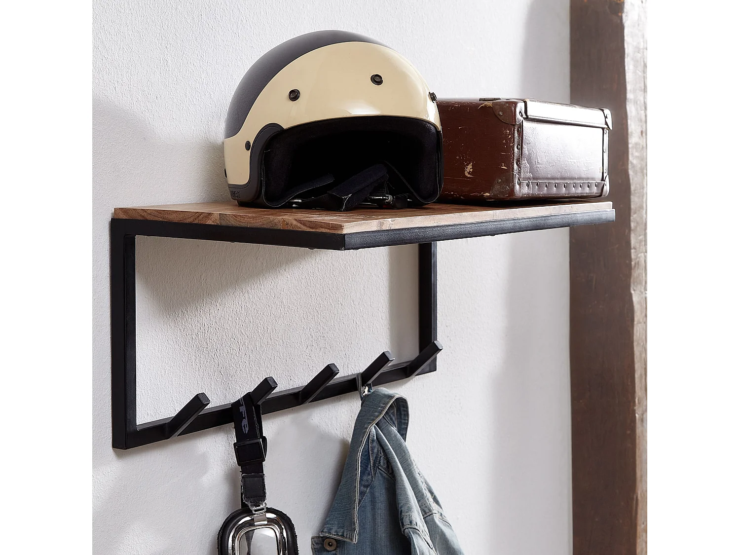 Porte Manteau Mural 5 Crochets Bois Massif Metal 70 cm Patere Murale