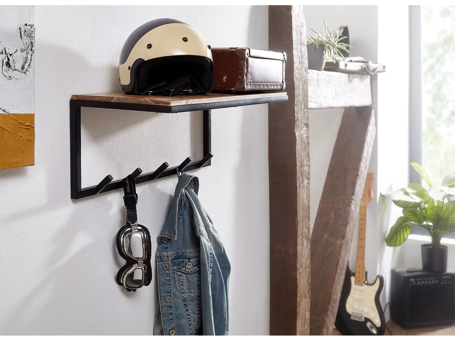 Porte Manteau Mural 5 Crochets Bois Massif Metal 70 cm Patere Murale