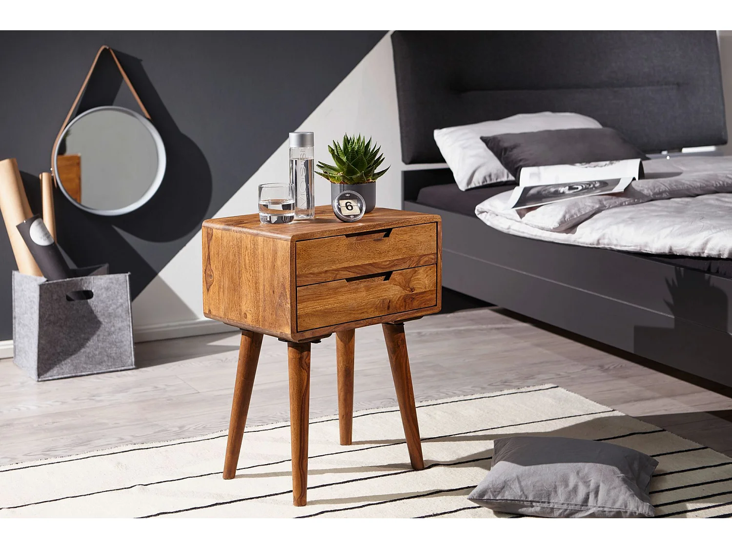 Comodino Letto 47x66x36cm Legno Massello Consolle Notturna Sheesham