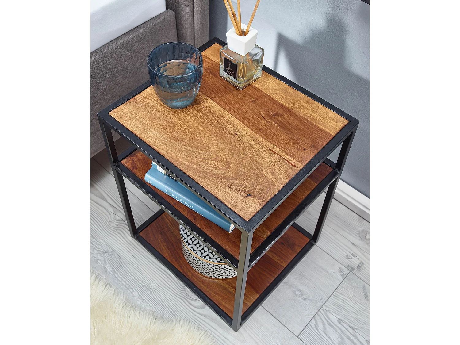 Comodino da Letto Legno Massello / Metallo 40x50x35 cm Tavolino da Notte