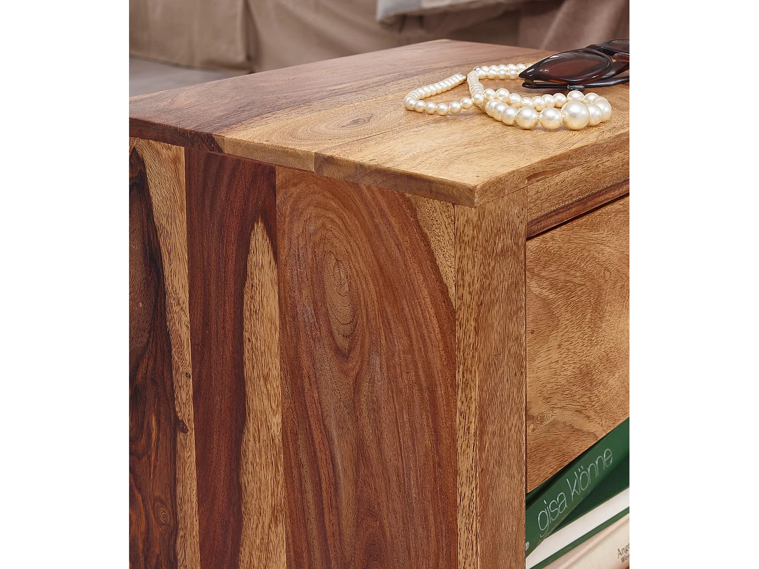 Comodino Letto 40x40x30cm Legno Massello Sheesham Consolle Notturna