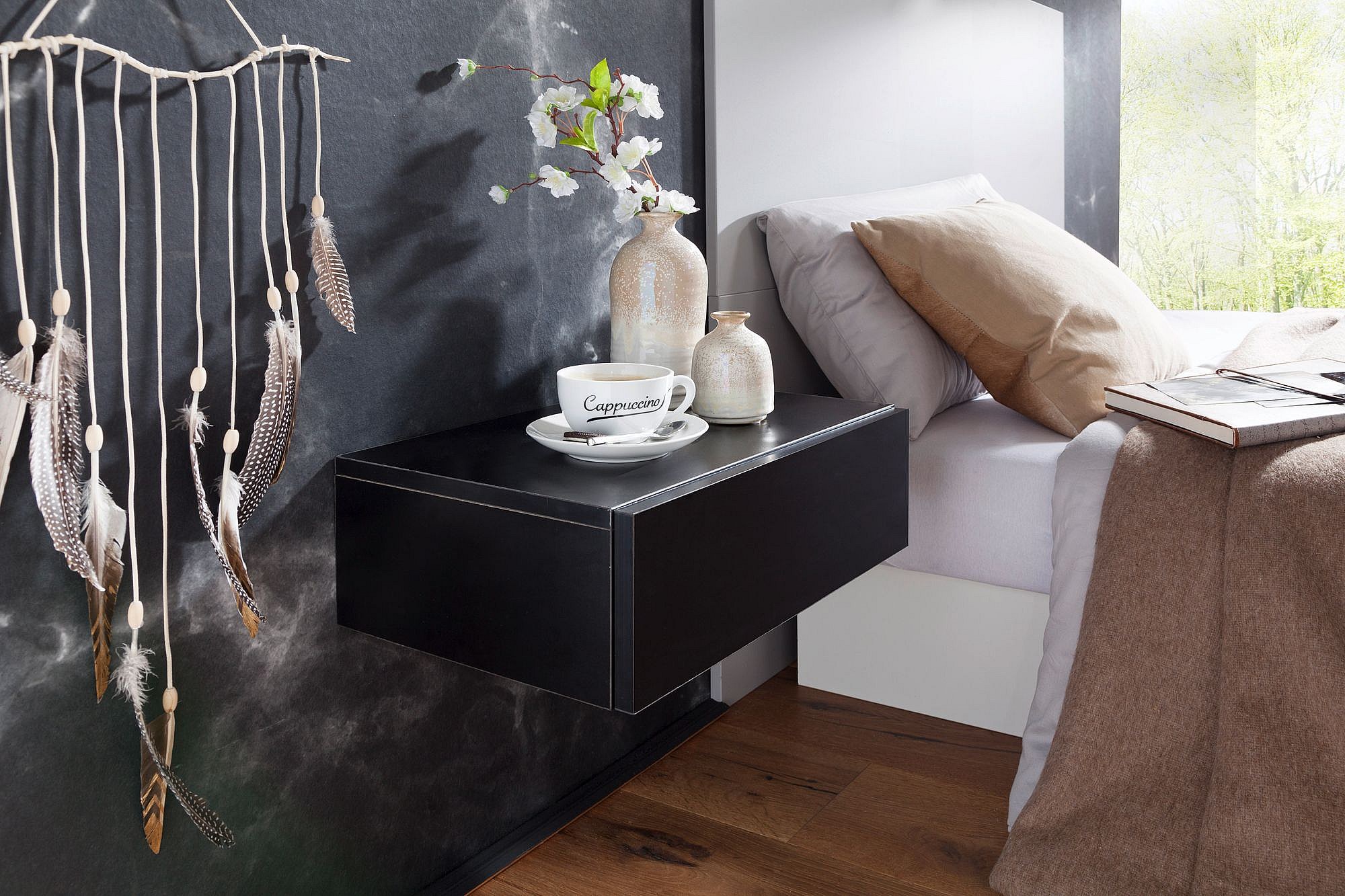 Comodino Sospeso Galleggiante Con Cassetto – Marrone, 2 Ripiani In Legno Massello, Moderno