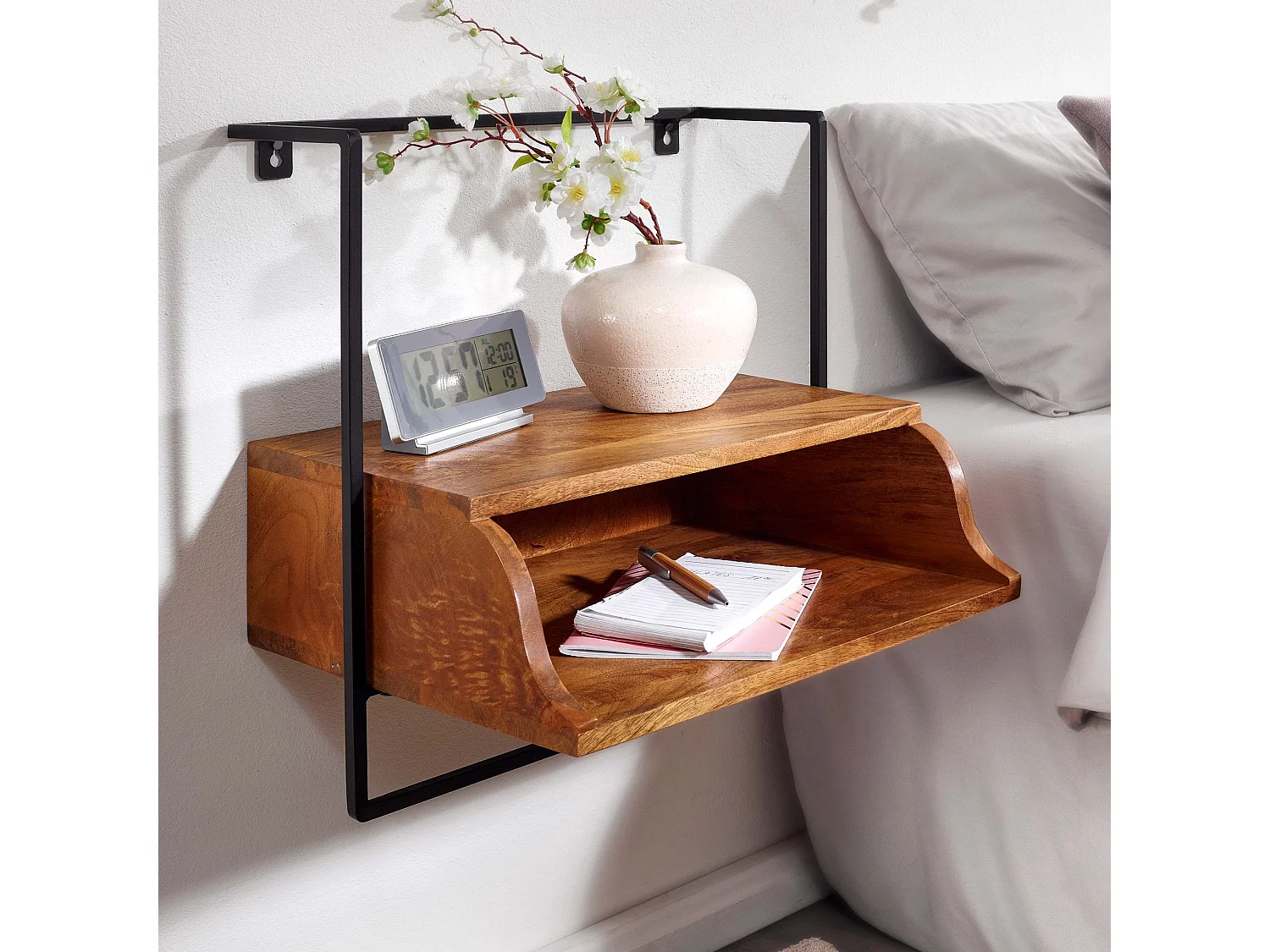 Table de Chevet Murale Bois Massif Métal Flottante de Nuit 44x45x35 cm