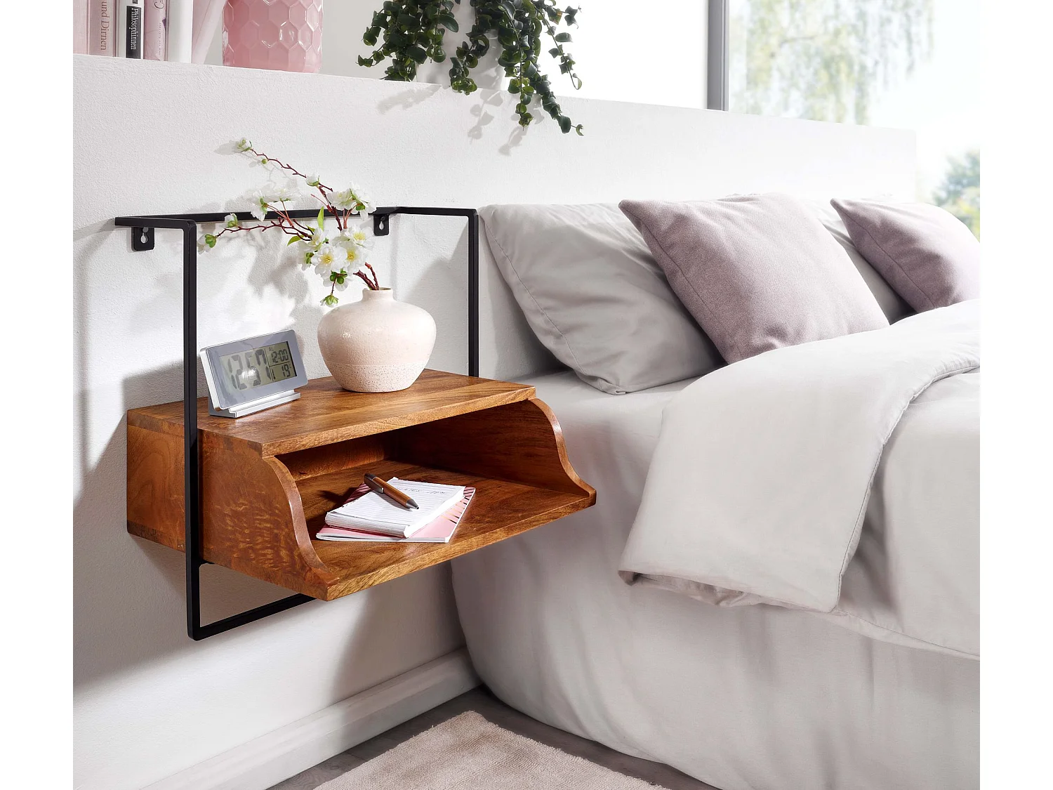 Table de Chevet Murale Bois Massif Métal Flottante de Nuit 44x45x35 cm