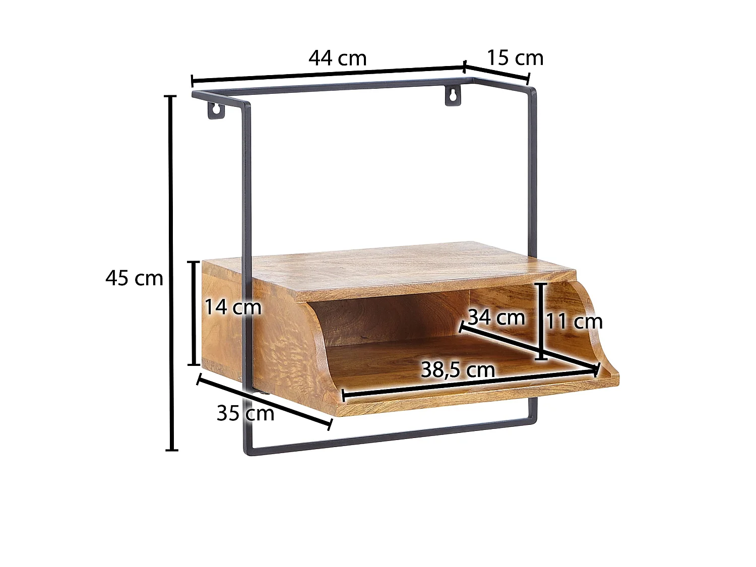 Table de Chevet Murale Bois Massif Métal Flottante de Nuit 44x45x35 cm