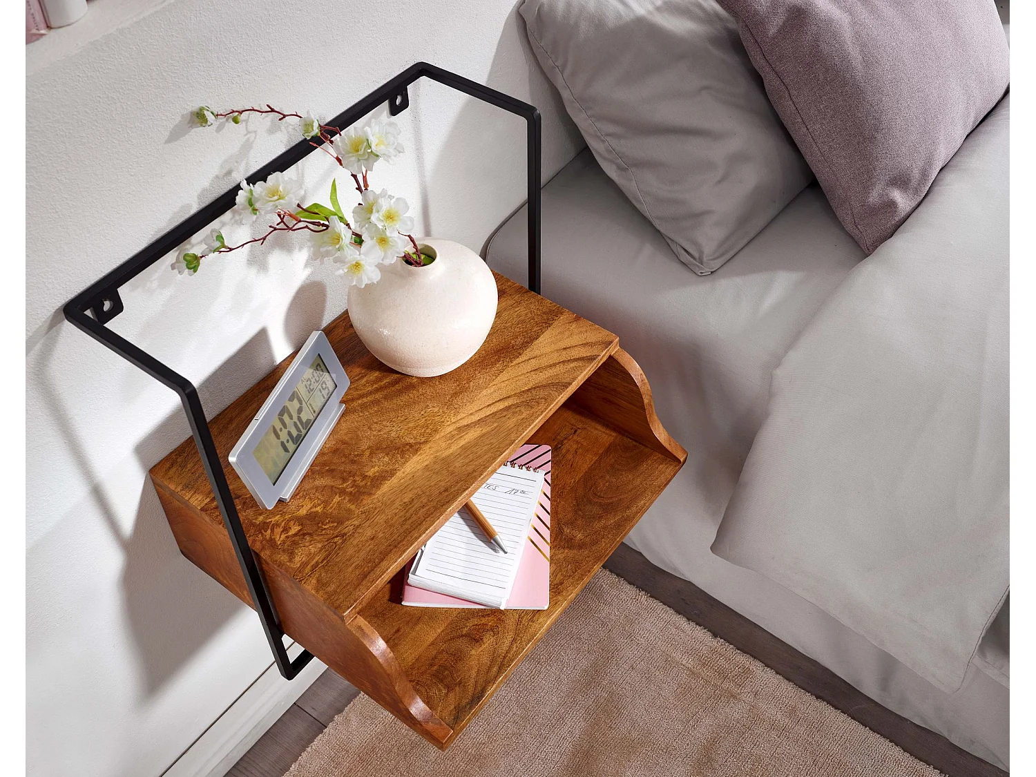 Table de Chevet Murale Bois Massif Métal Flottante de Nuit 44x45x35 cm