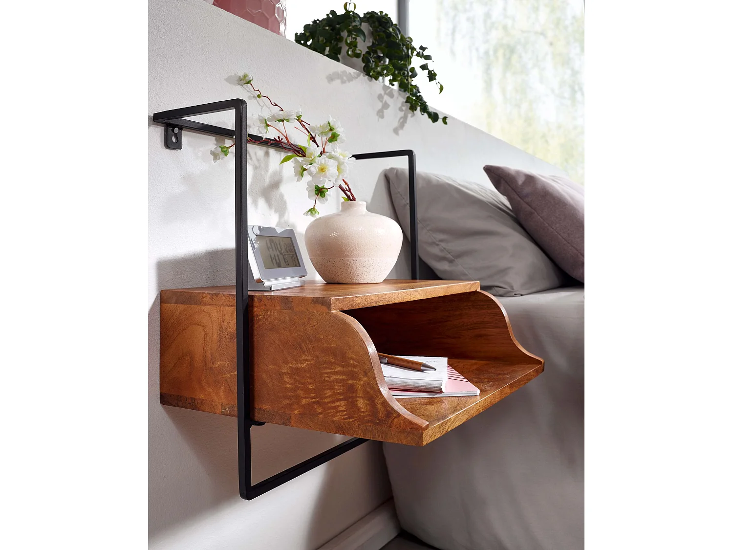 Table de Chevet Murale Bois Massif Métal Flottante de Nuit 44x45x35 cm