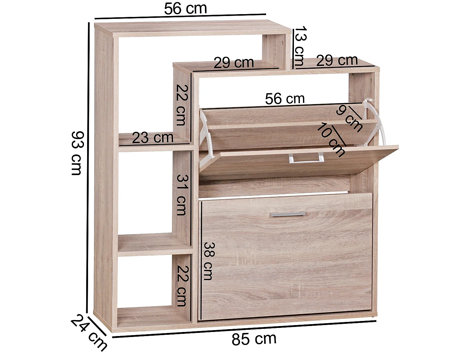 Schuhkipper MASSA Holz 2 Fächer Sonoma 12 Paar Schuhe Schuhschrank Schuhkommode