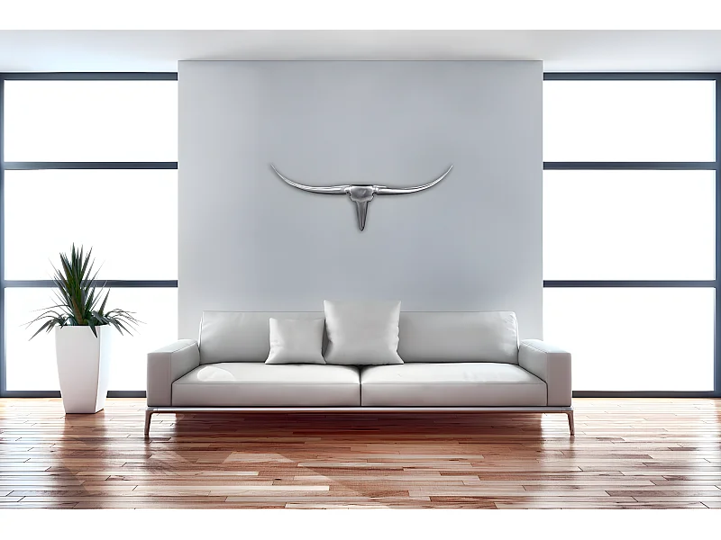 Bull antlers parete sud decorazione 74cm di alluminio di alluminio di larghezza corna parete d'argento