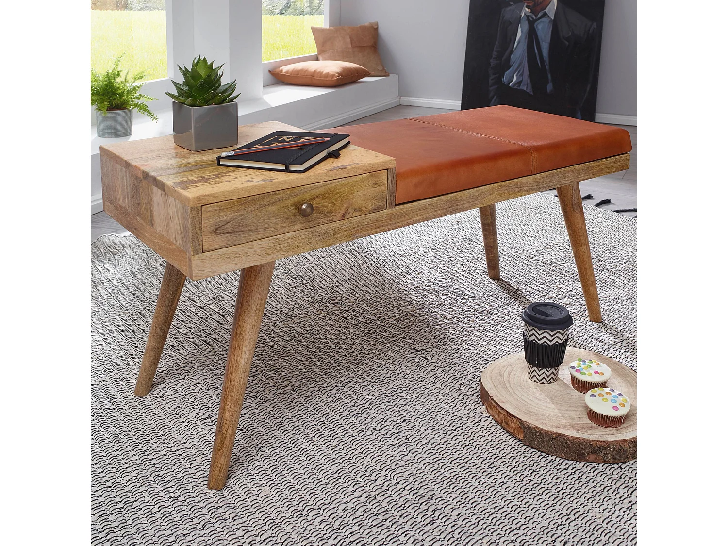 Panchina 100x52x38 cm da interno Vera Pelle / Legno Massiccio Panchetta