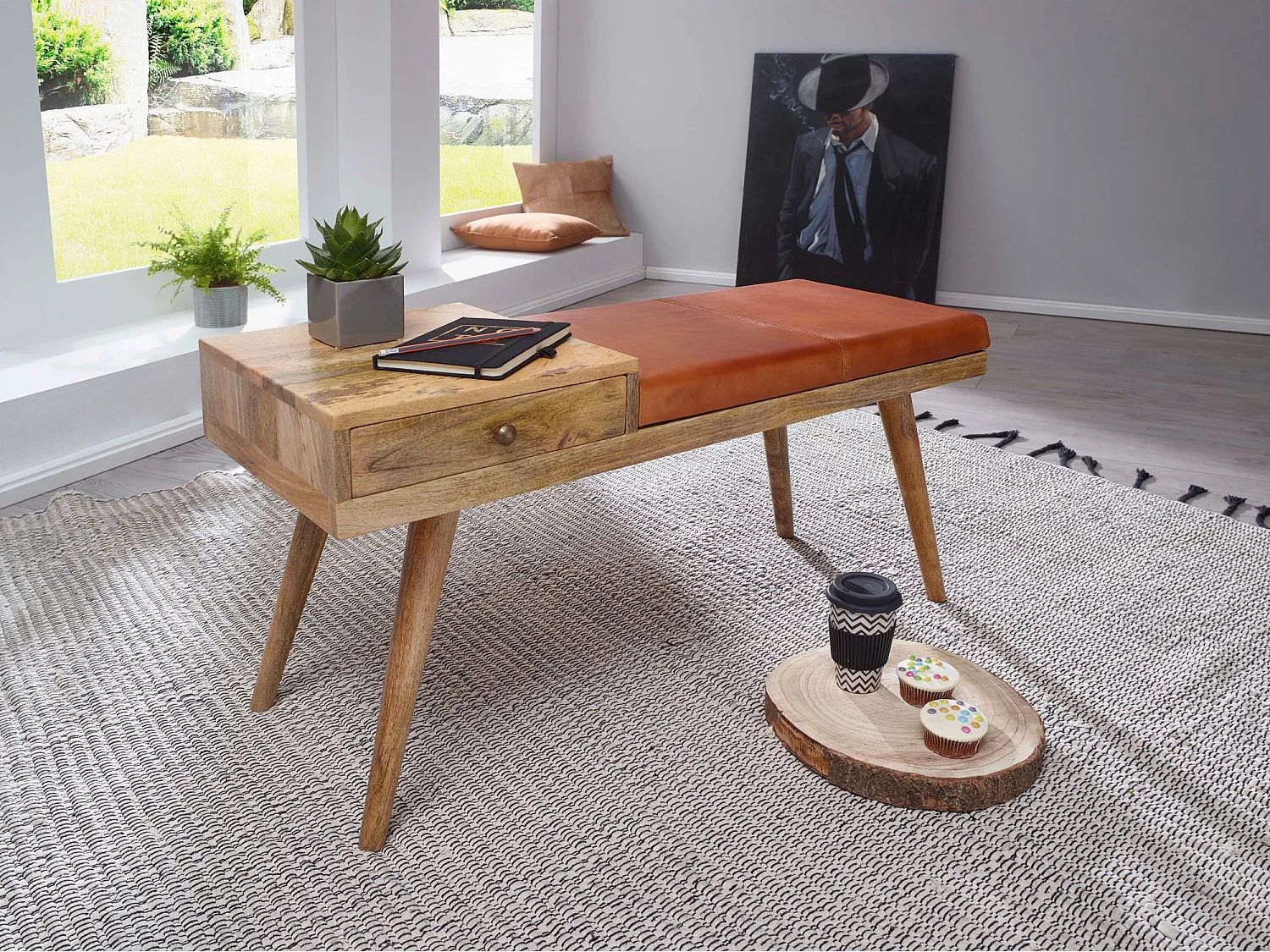 Panchina 100x52x38 cm da interno Vera Pelle / Legno Massiccio Panchetta