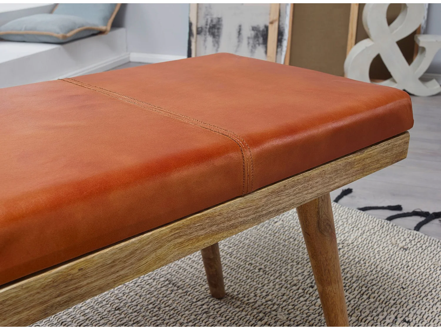 Panchina 100x52x38 cm da interno Vera Pelle / Legno Massiccio Panchetta