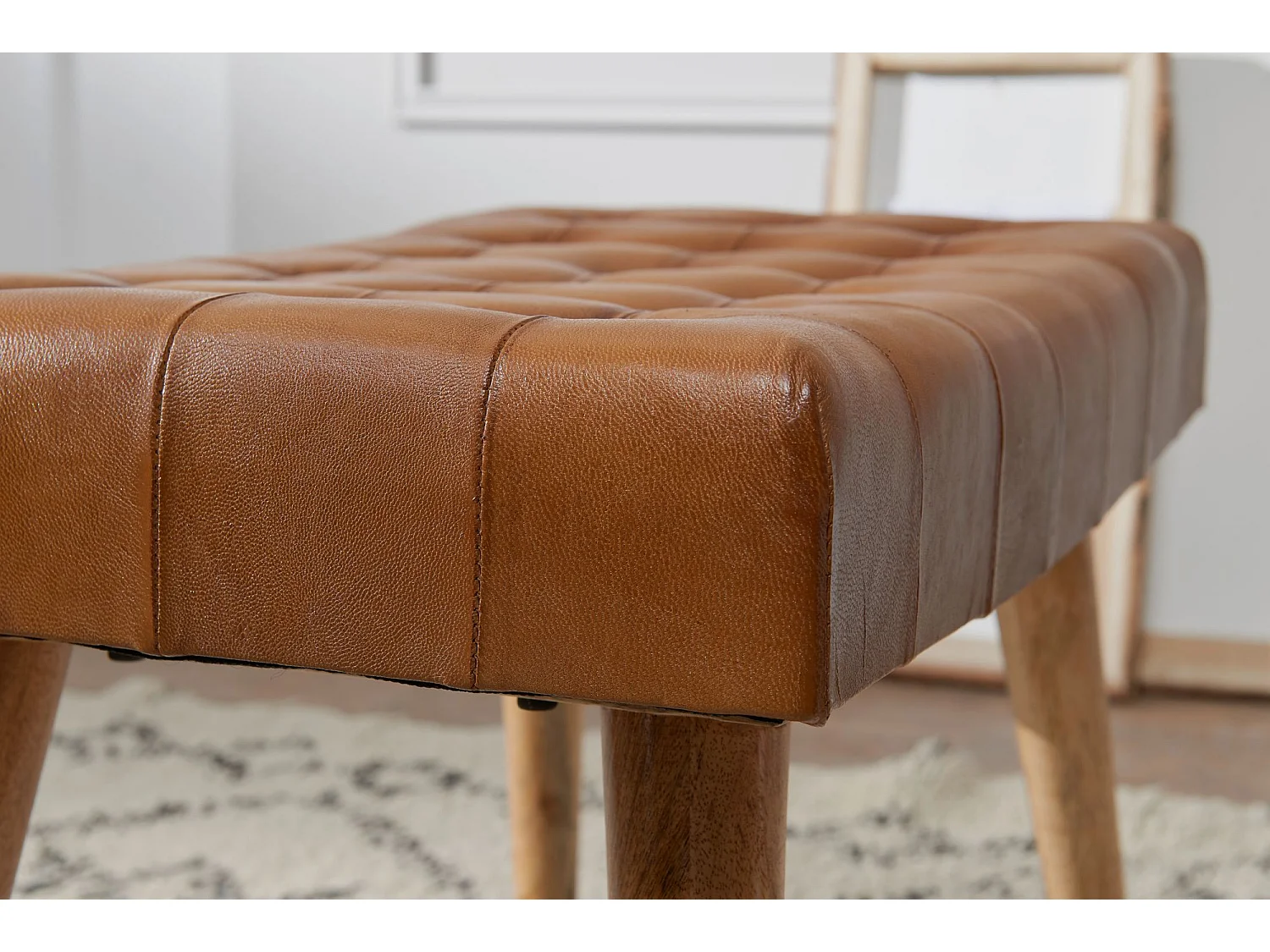 Sitzhocker 67x47x39 cm Massivholz Lederhocker Fußhocker Leder Hocker