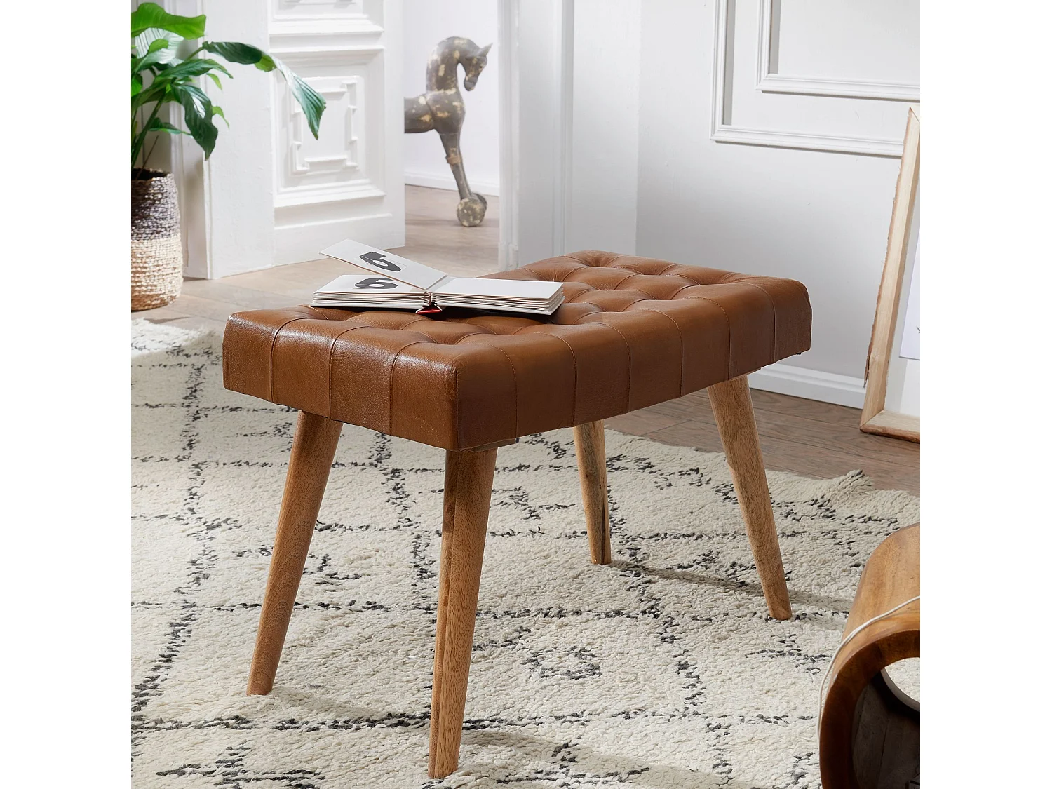 ottoman 67x47x39 cm tabouret cuir bois massif ottoman pouf cuir