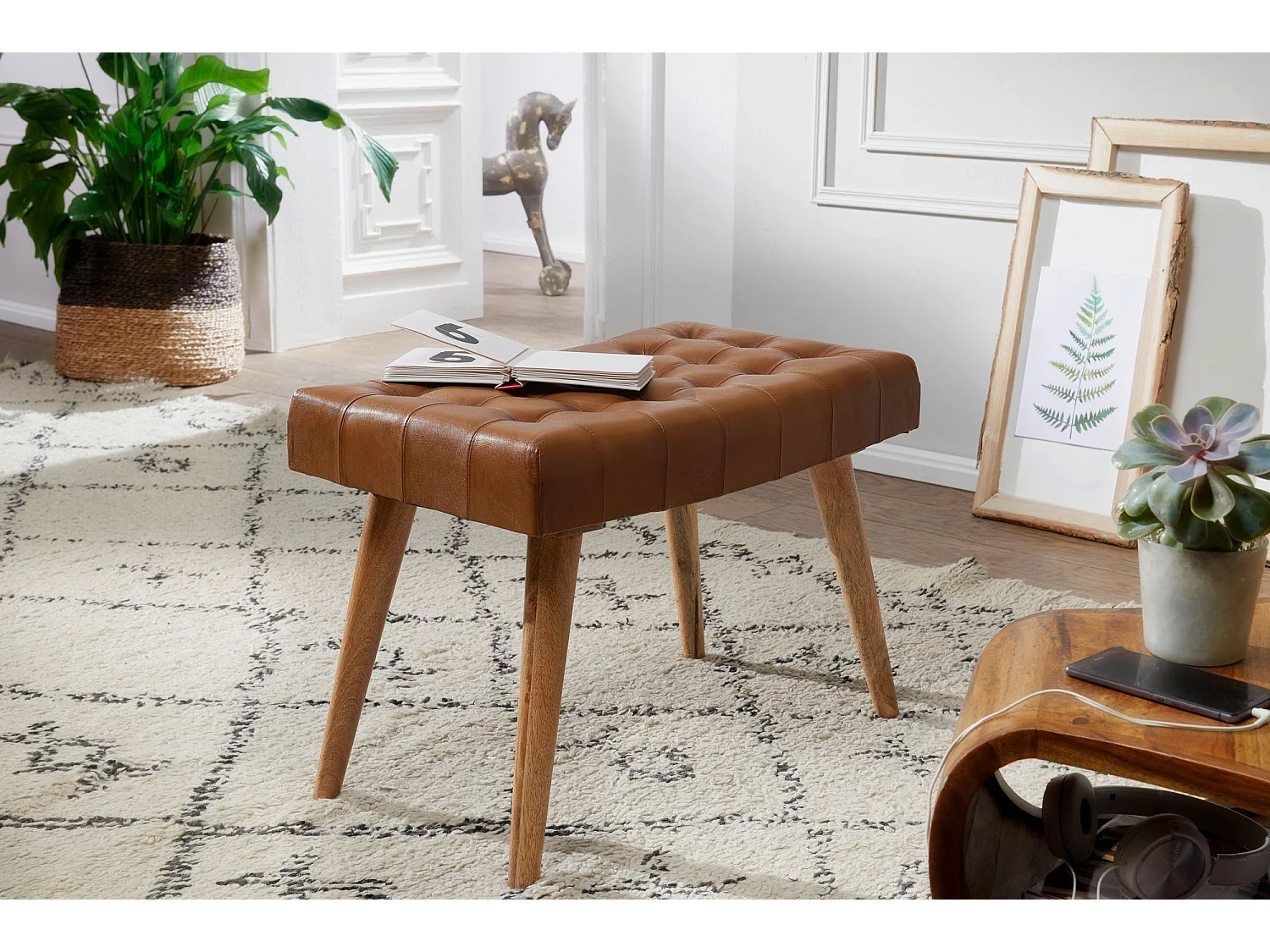 ottoman 67x47x39 cm tabouret cuir bois massif ottoman pouf cuir