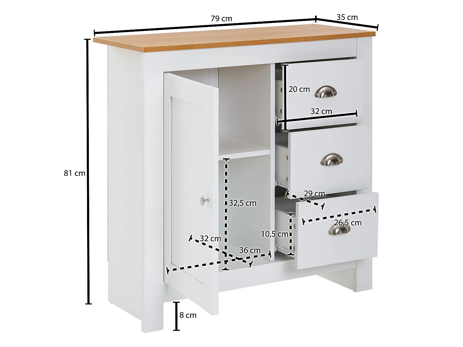 Sideboard  Kommode Weiß / Eiche 79x81x35 cm Anrichte Schubladenkommode