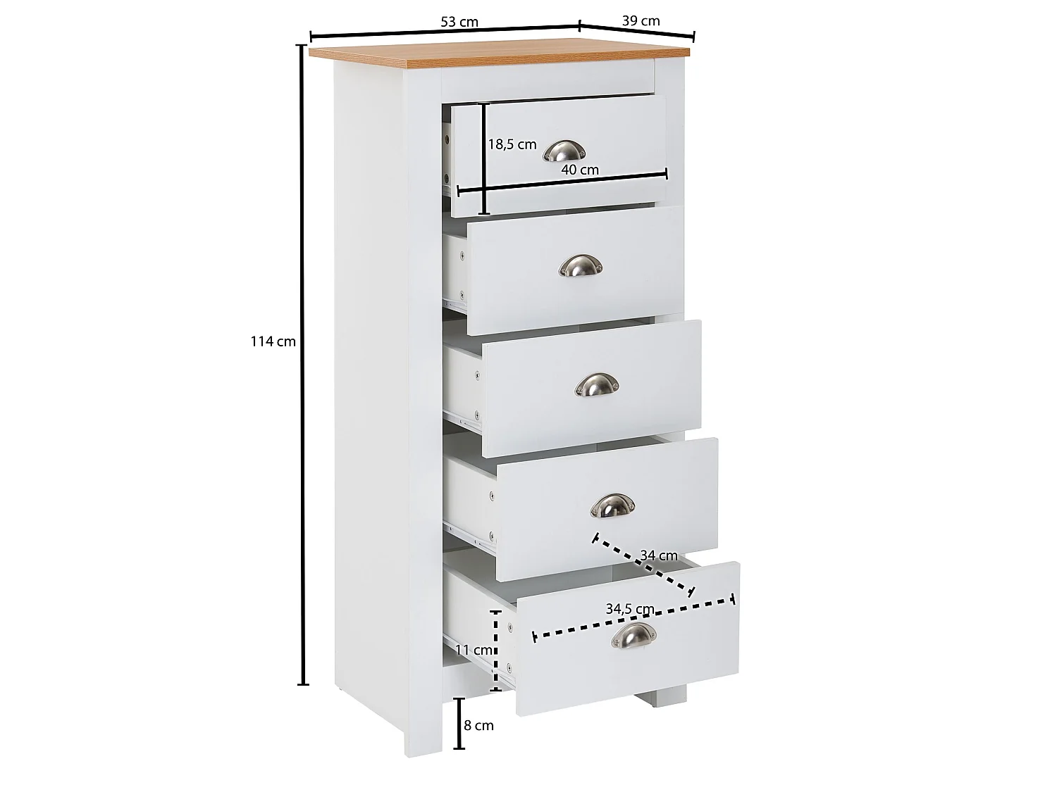 blanc / chêne 53x114x39 cm commode commode à tiroirs