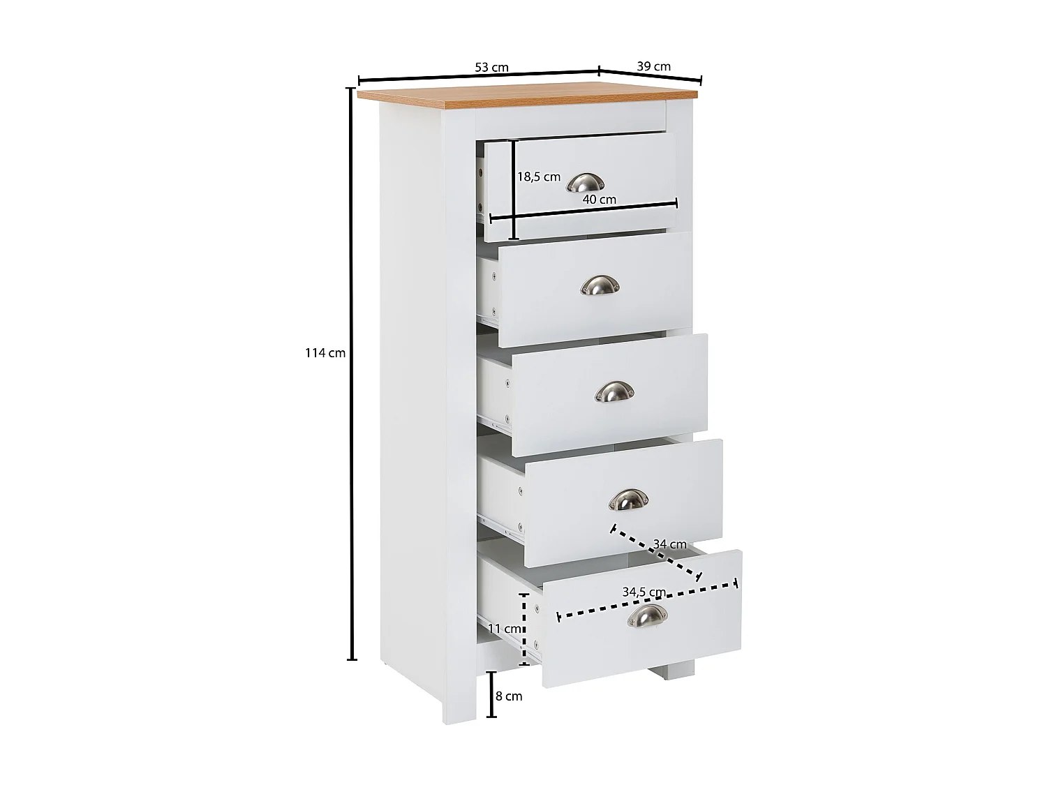 Commode étroite blanche et chêne 5 tiroirs 53x114x39 cm design contemporain résistant à l'eau