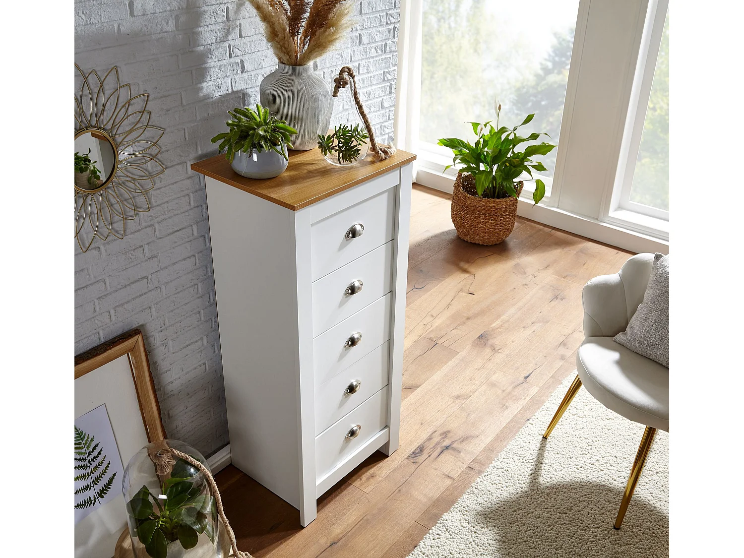 Commode étroite blanche et chêne 5 tiroirs 53x114x39 cm design contemporain résistant à l'eau