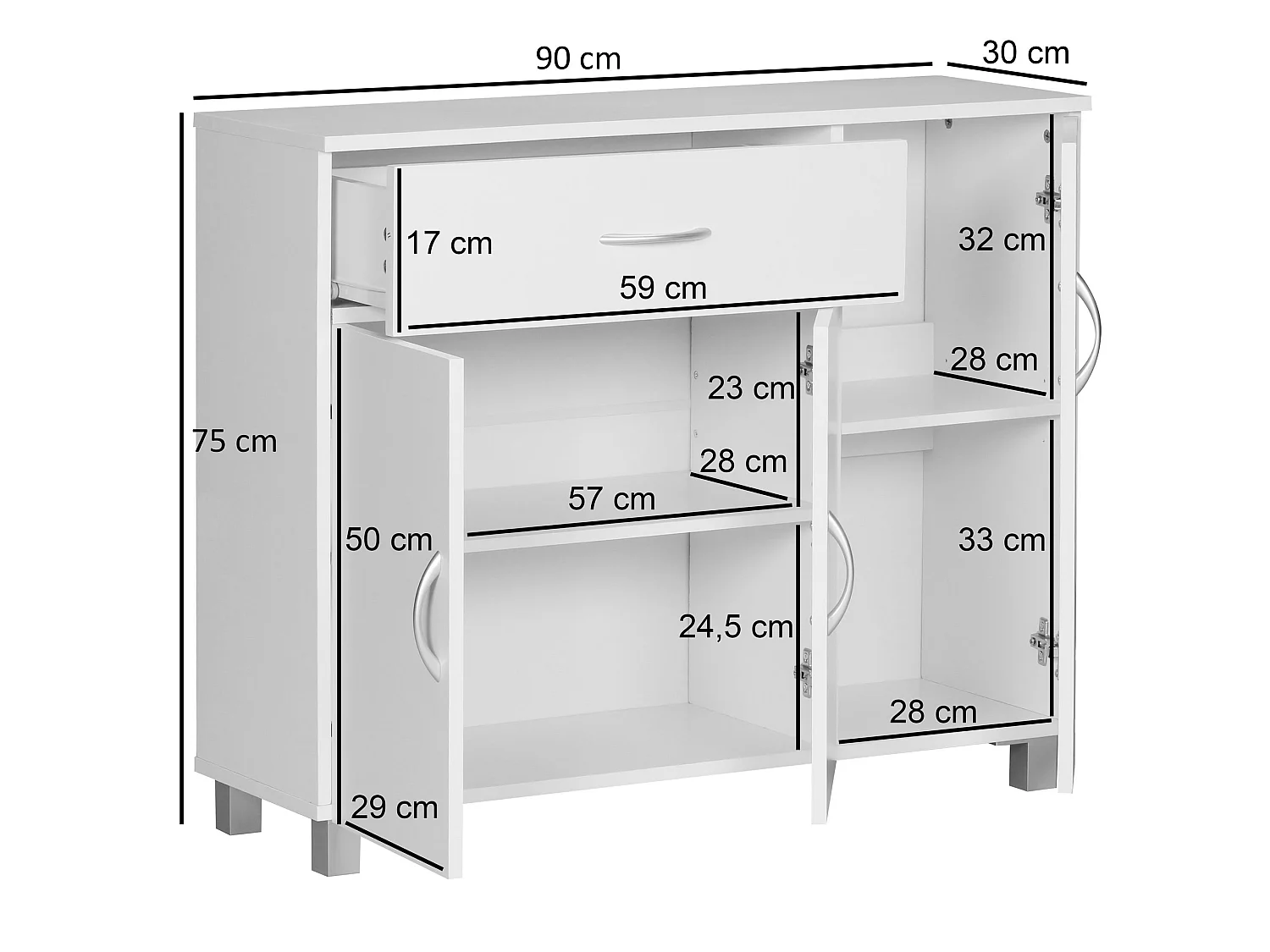 Sideboard 90x75 cm Kommode Anrichte 3 Türen 1 Schublade kleiner Schrank