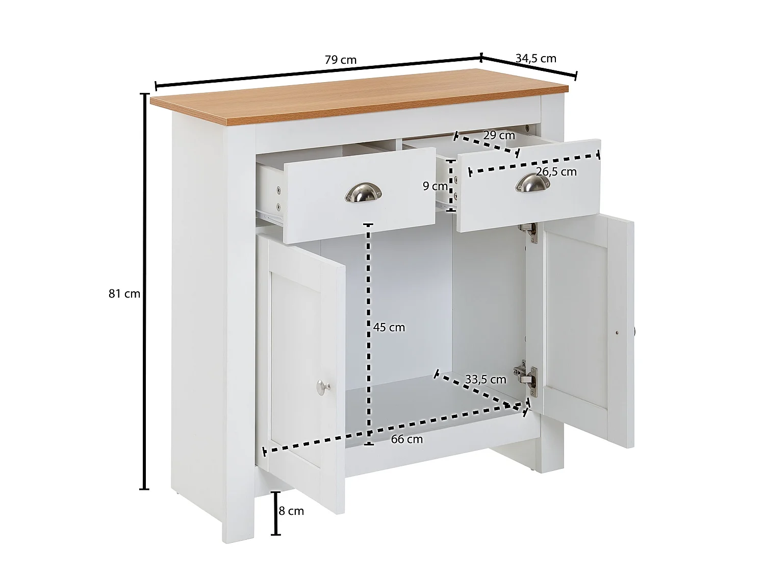 Sideboard  Kommode Weiß / Eiche 79x81x34,5 cm Anrichte Schubladenkommode