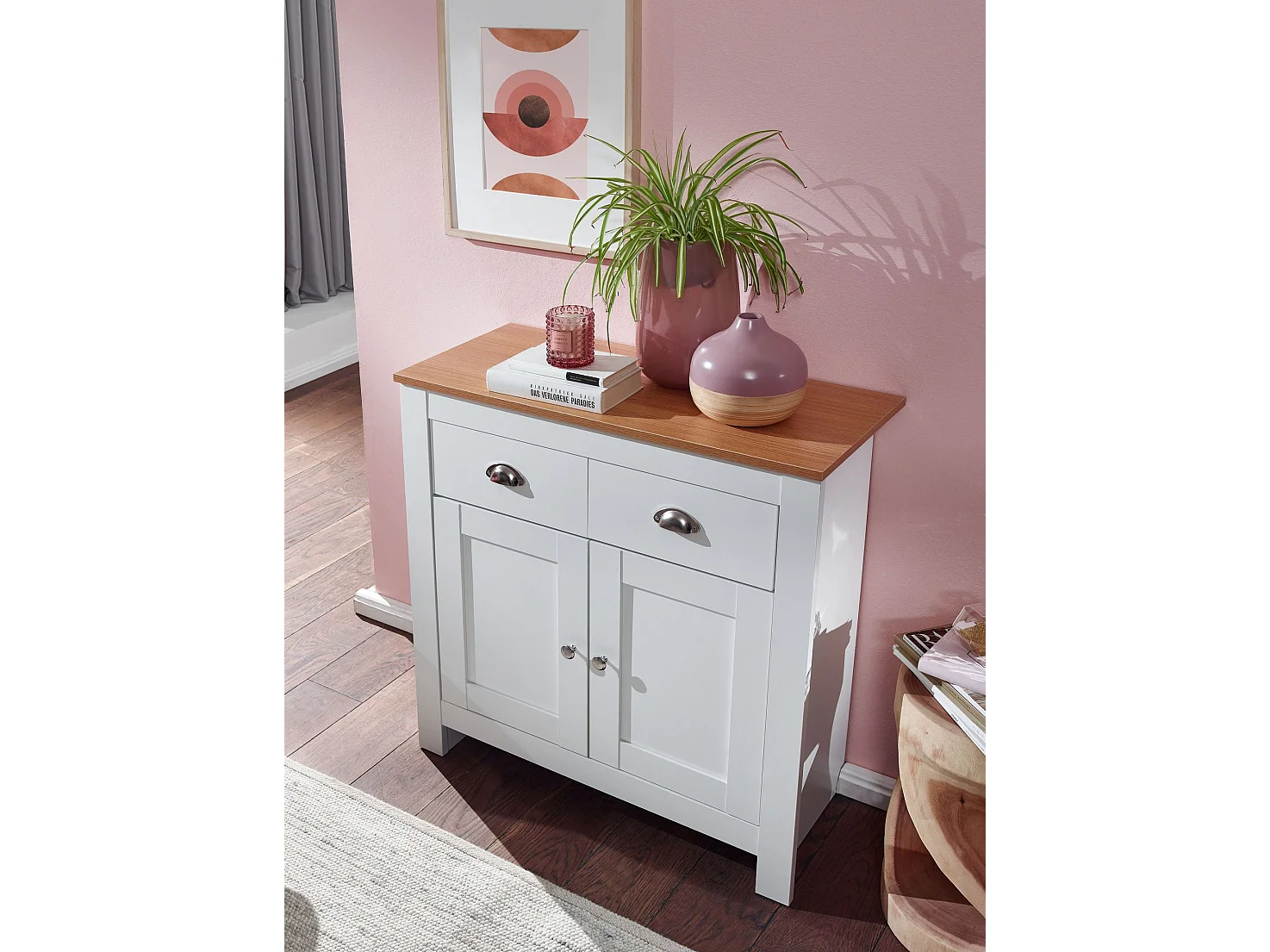 Sideboard  Kommode Weiß / Eiche 79x81x34,5 cm Anrichte Schubladenkommode