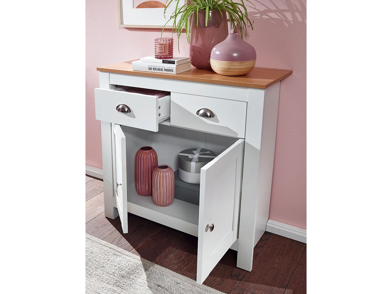 Sideboard  Kommode Weiß / Eiche 79x81x34,5 cm Anrichte Schubladenkommode