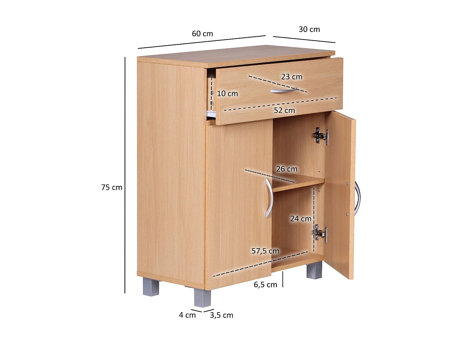 Buffet Commode 60x75x30cm 2 portes et 1 tiroir Bois Étagère fermée