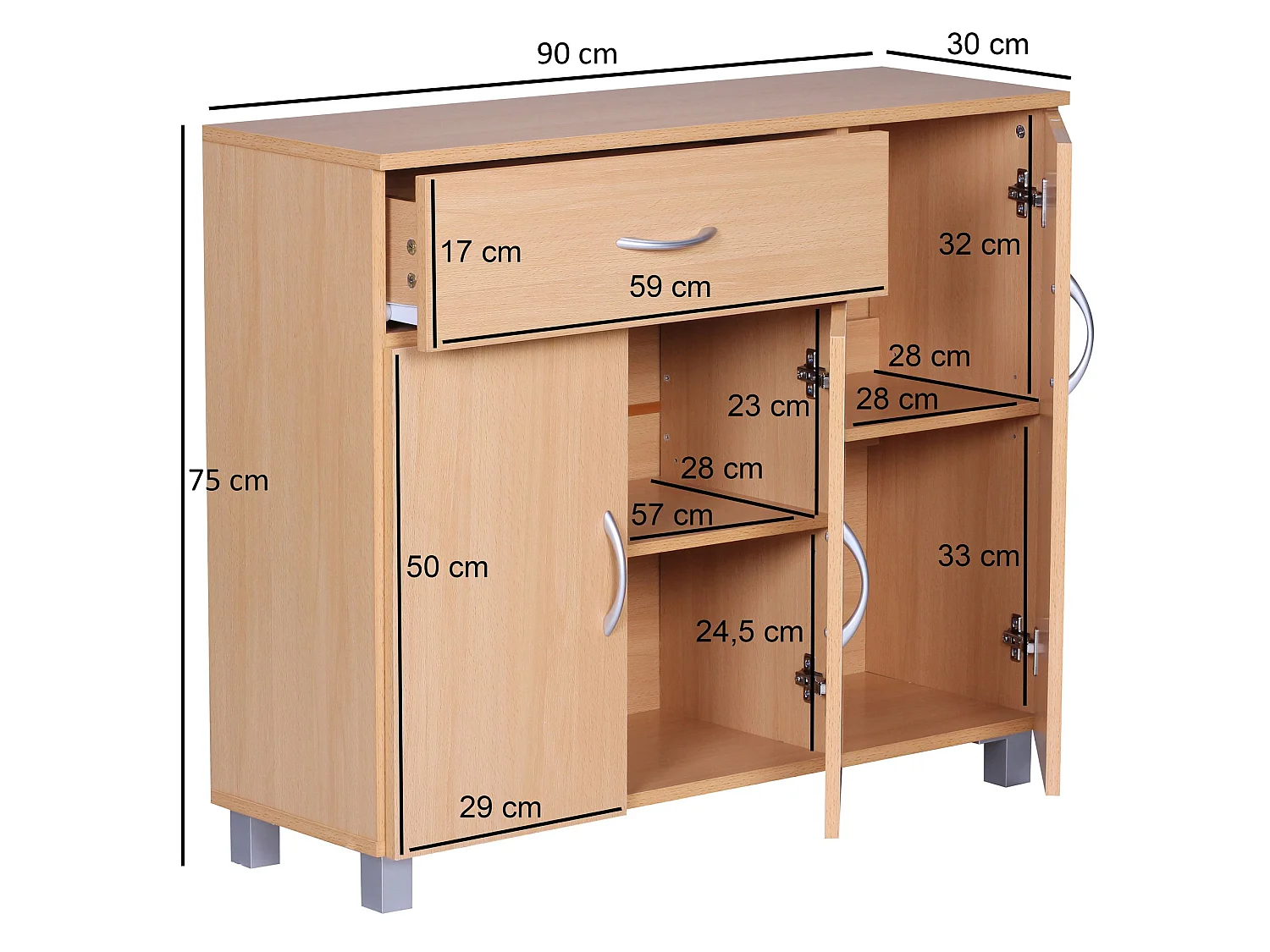 Sideboard 90x75 cm Kommode Anrichte 3 Türen 1 Schublade kleiner Schrank