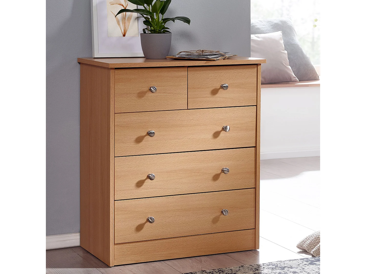 Buffet Commode 60x70x35cm avec 5 tiroirs Bois Étagère fermée Armoire