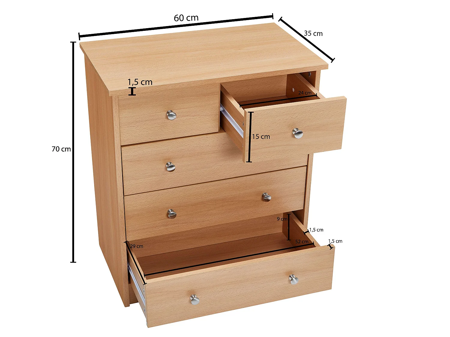 Buffet Commode 60x70x35cm avec 5 tiroirs Bois Étagère fermée Armoire