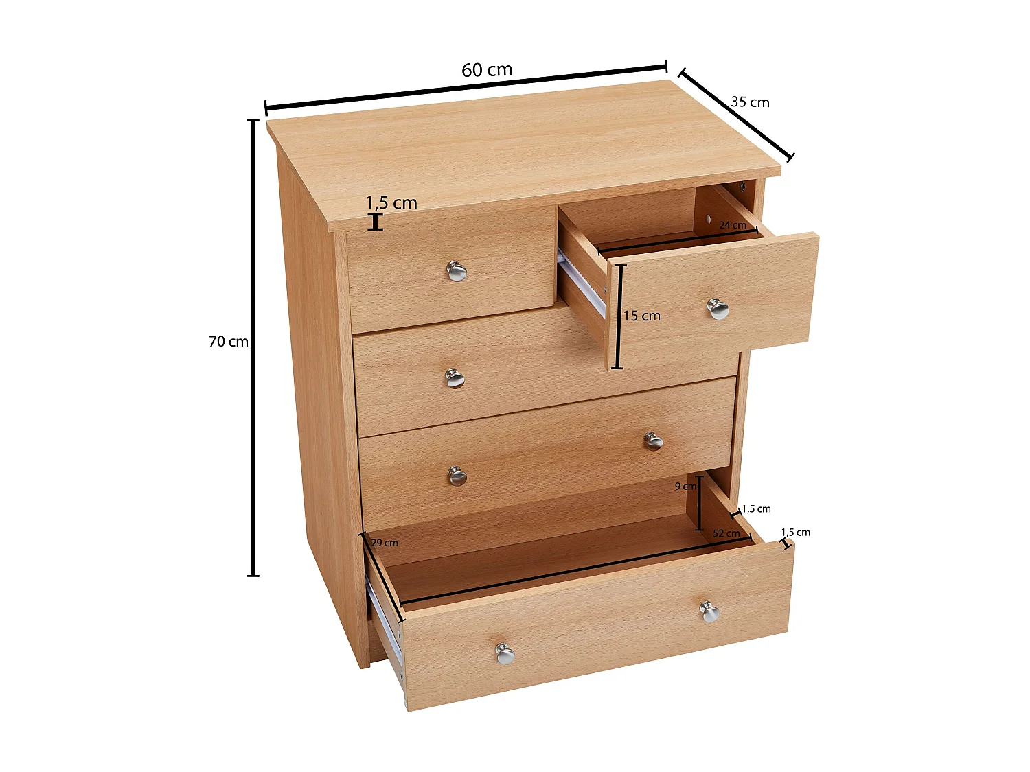 Buffet Commode 60x70x35cm avec 5 tiroirs Bois Étagère fermée Armoire
