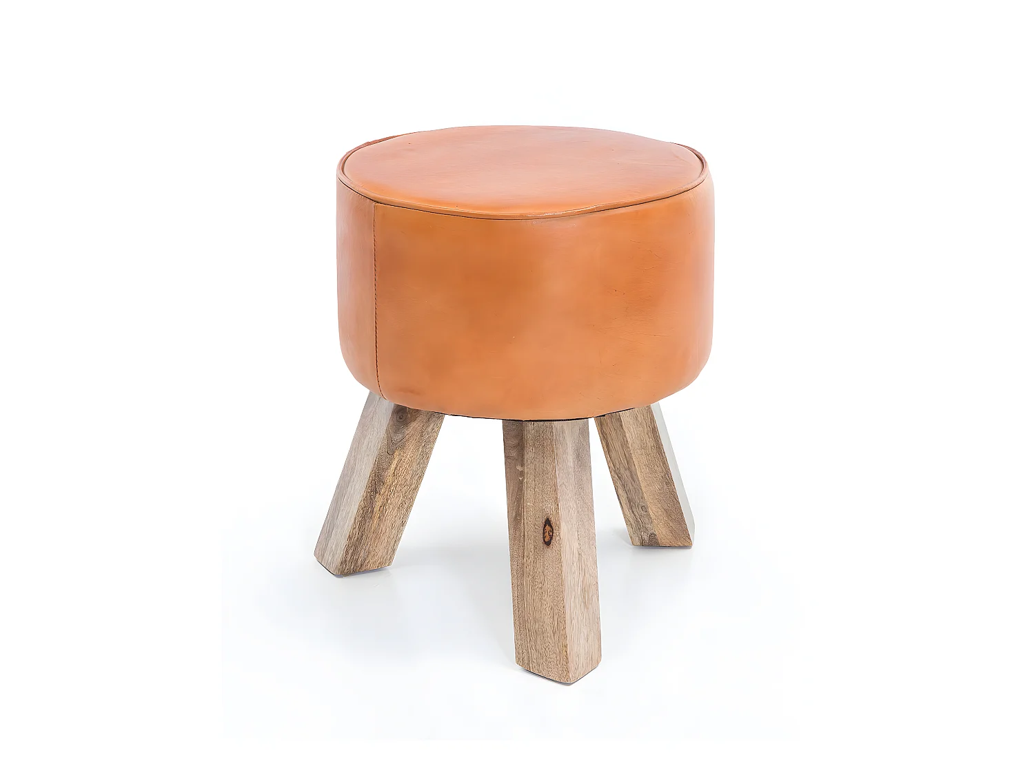 Tabouret Cuir Petit 37x45x37 cm Bois Massif Ottoman Rembourré Rond Rétro