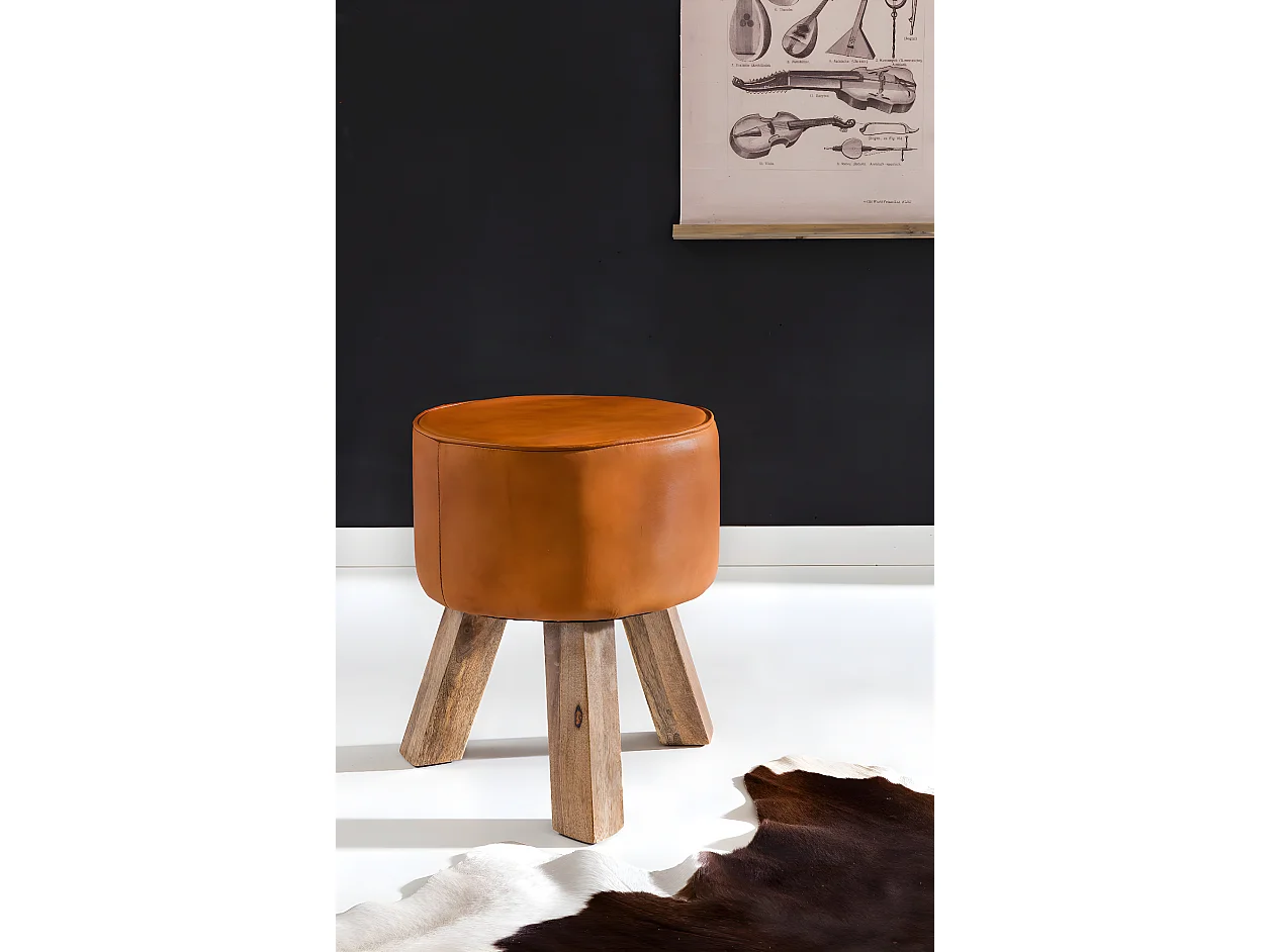 Sgabello 37x45x37 cm Vera pelle / Legno Massiccio Imbottito Rotondo