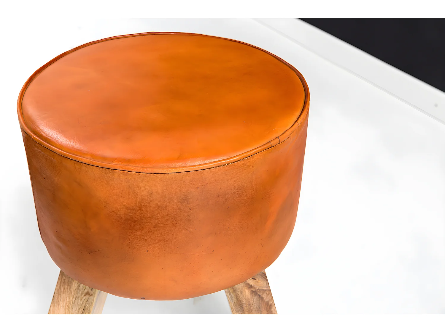 Sgabello 37x45x37 cm Vera pelle / Legno Massiccio Imbottito Rotondo