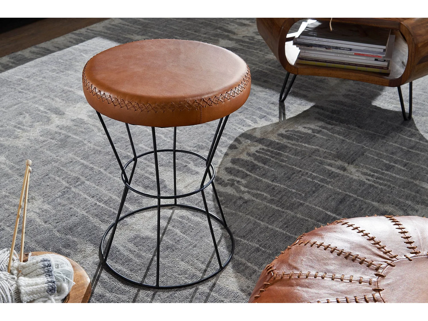 tabouret brun 35x48 cm tabouret en cuir moderne en cuir véritable tabouret rond