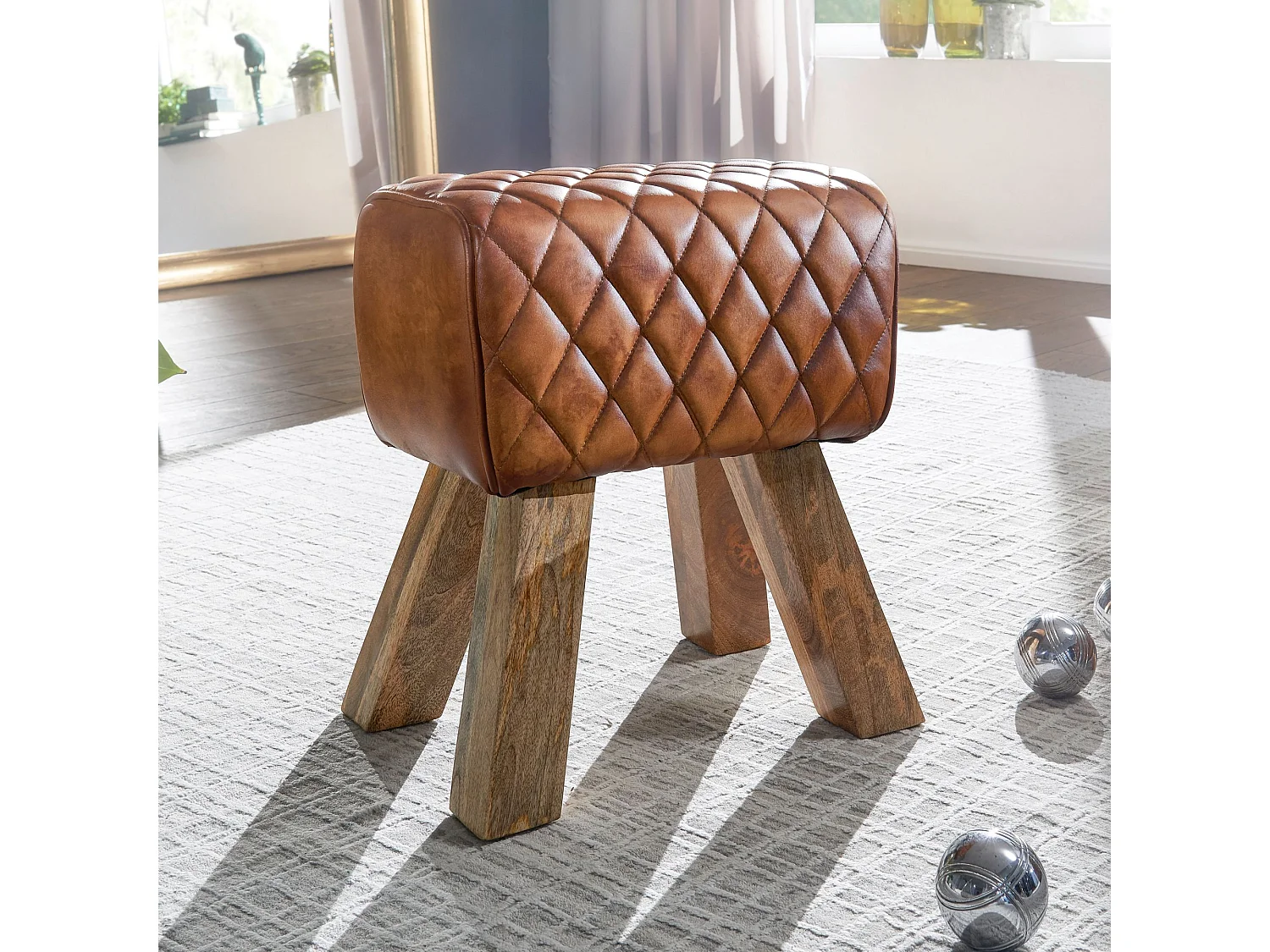 Pouf in vera pelle 40x48x27 cm pouf in pelle sgabello in legno massello marrone