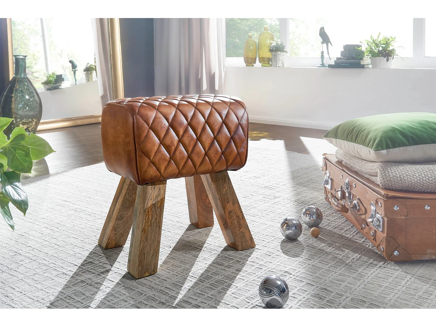 Pouf in vera pelle 40x48x27 cm pouf in pelle sgabello in legno massello marrone