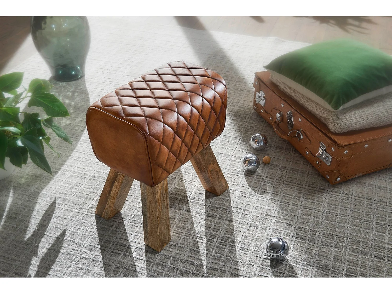 Pouf in vera pelle 40x48x27 cm pouf in pelle sgabello in legno massello marrone