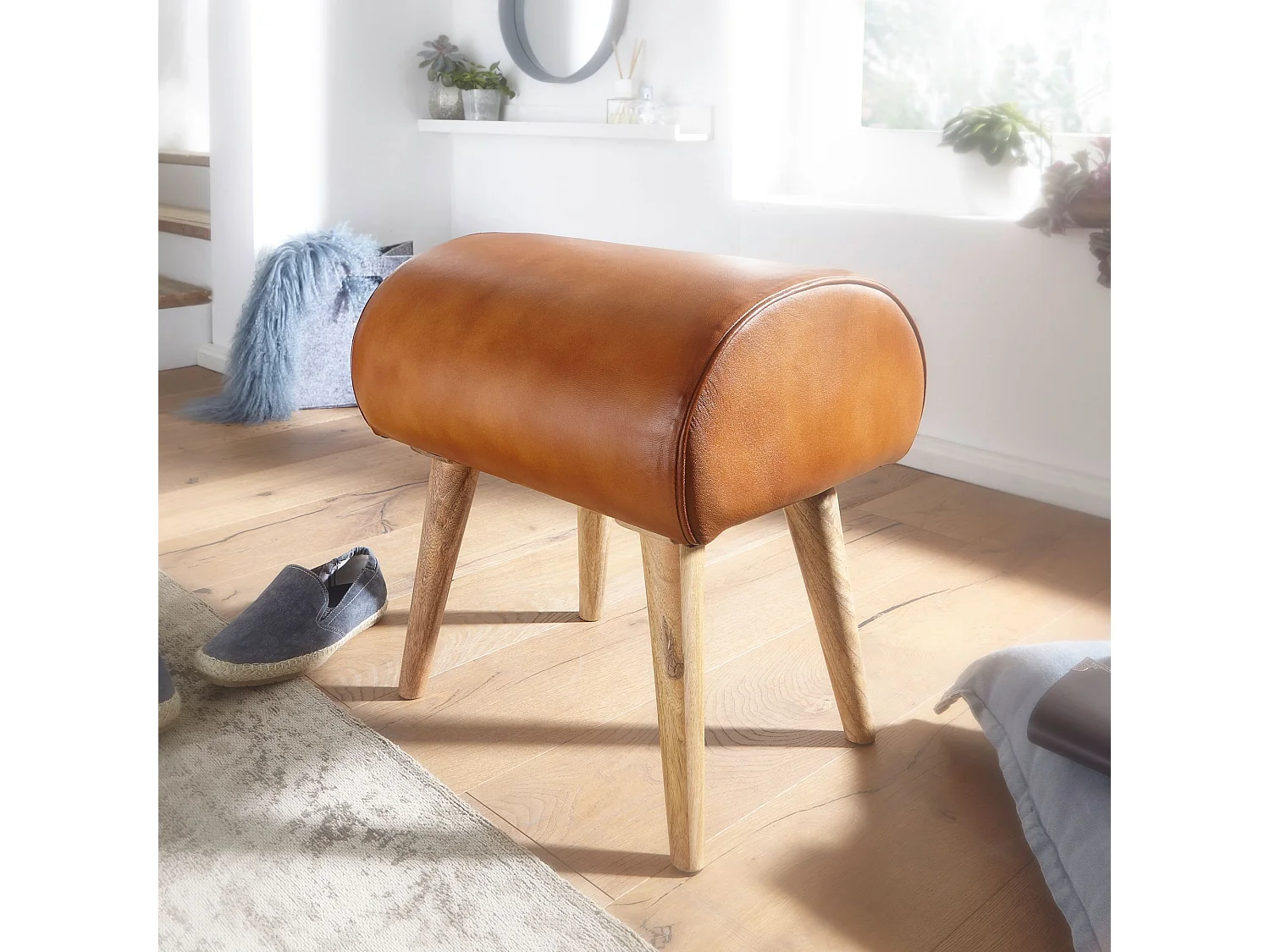 Sitzhocker 45x53x40 cm Braun Echtleder Holzhocker Massiv Lederhocker