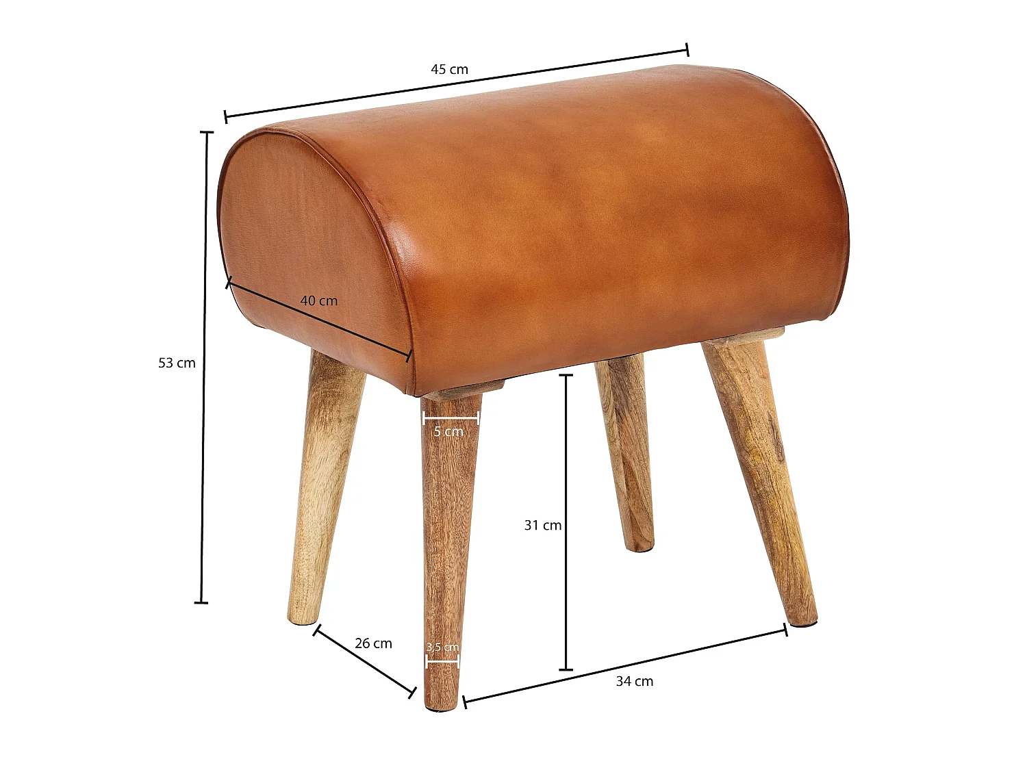 Sitzhocker 45x53x40 cm Braun Echtleder Holzhocker Massiv Lederhocker