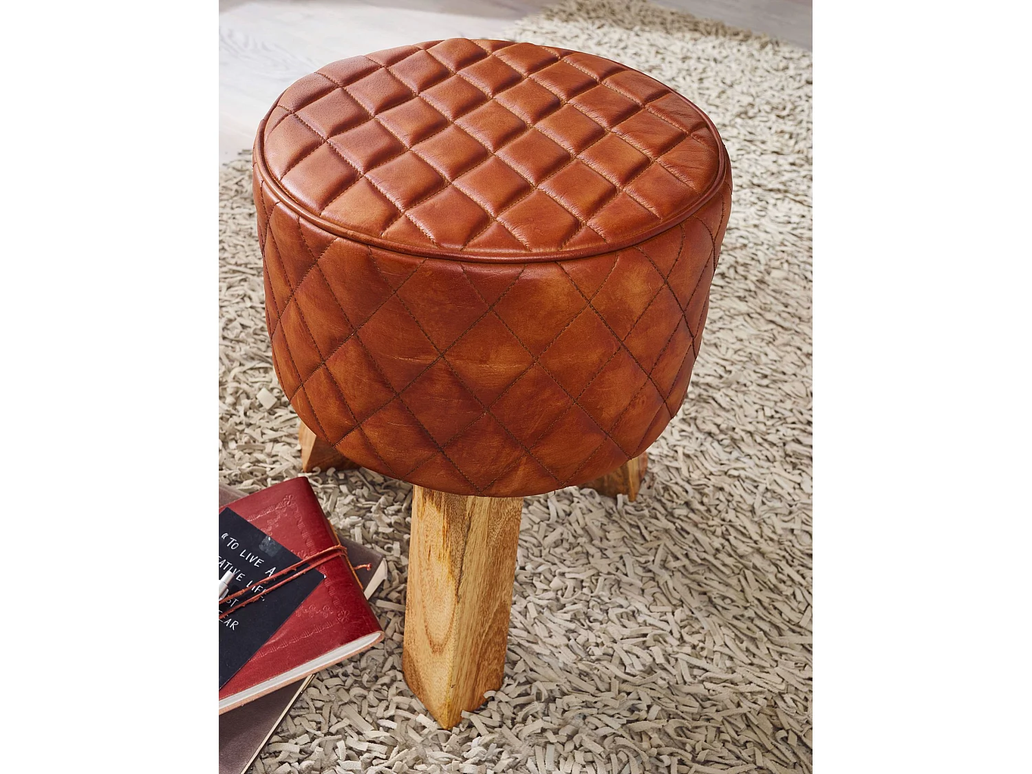 Sitzhocker Echtleder 35x46x35 cm Fußhocker Rund Lederhocker Massivholz