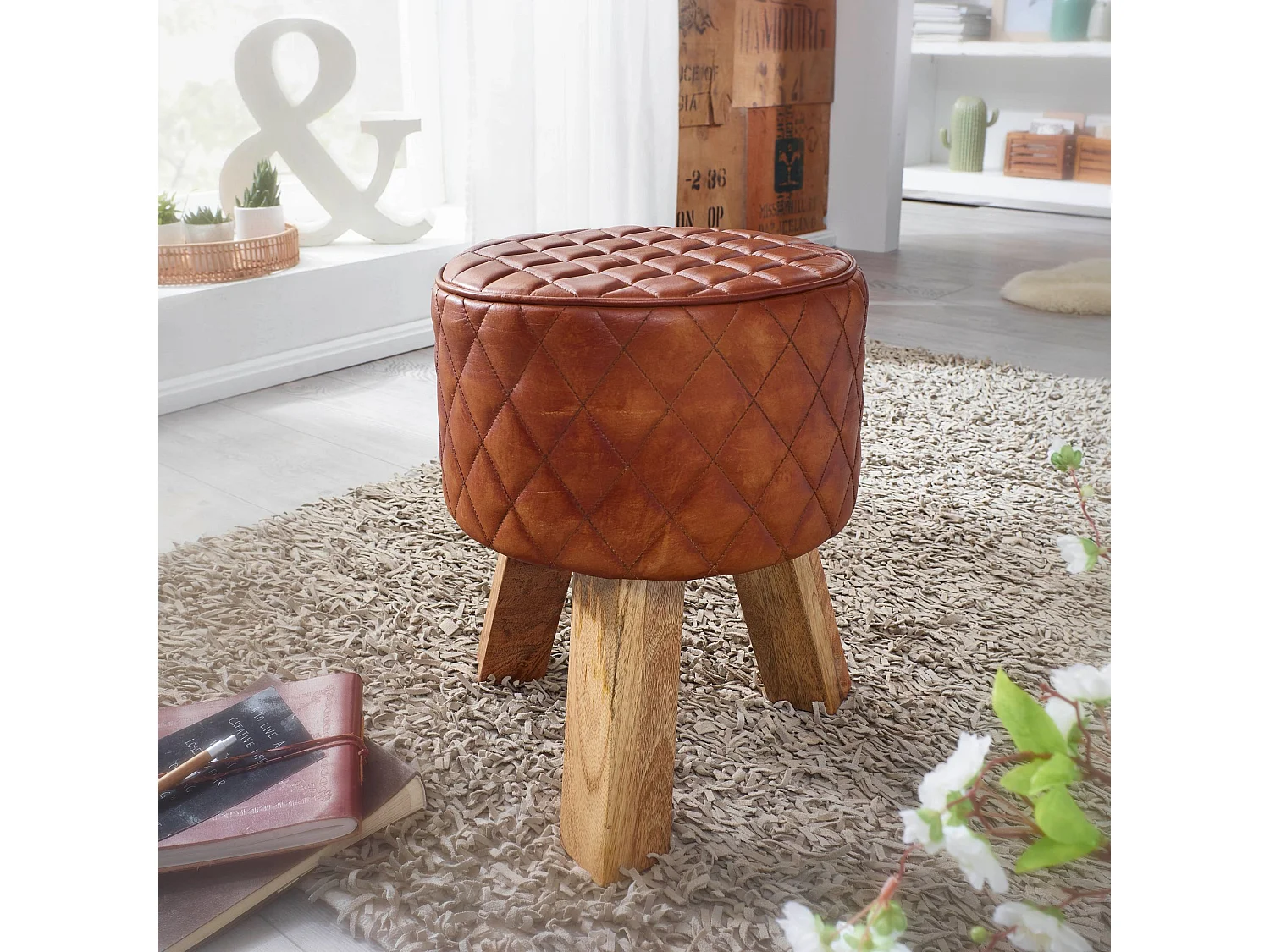 Pouf in vera pelle 35x46x35 cm pouf rotondo in pelle sgabello in legno massello