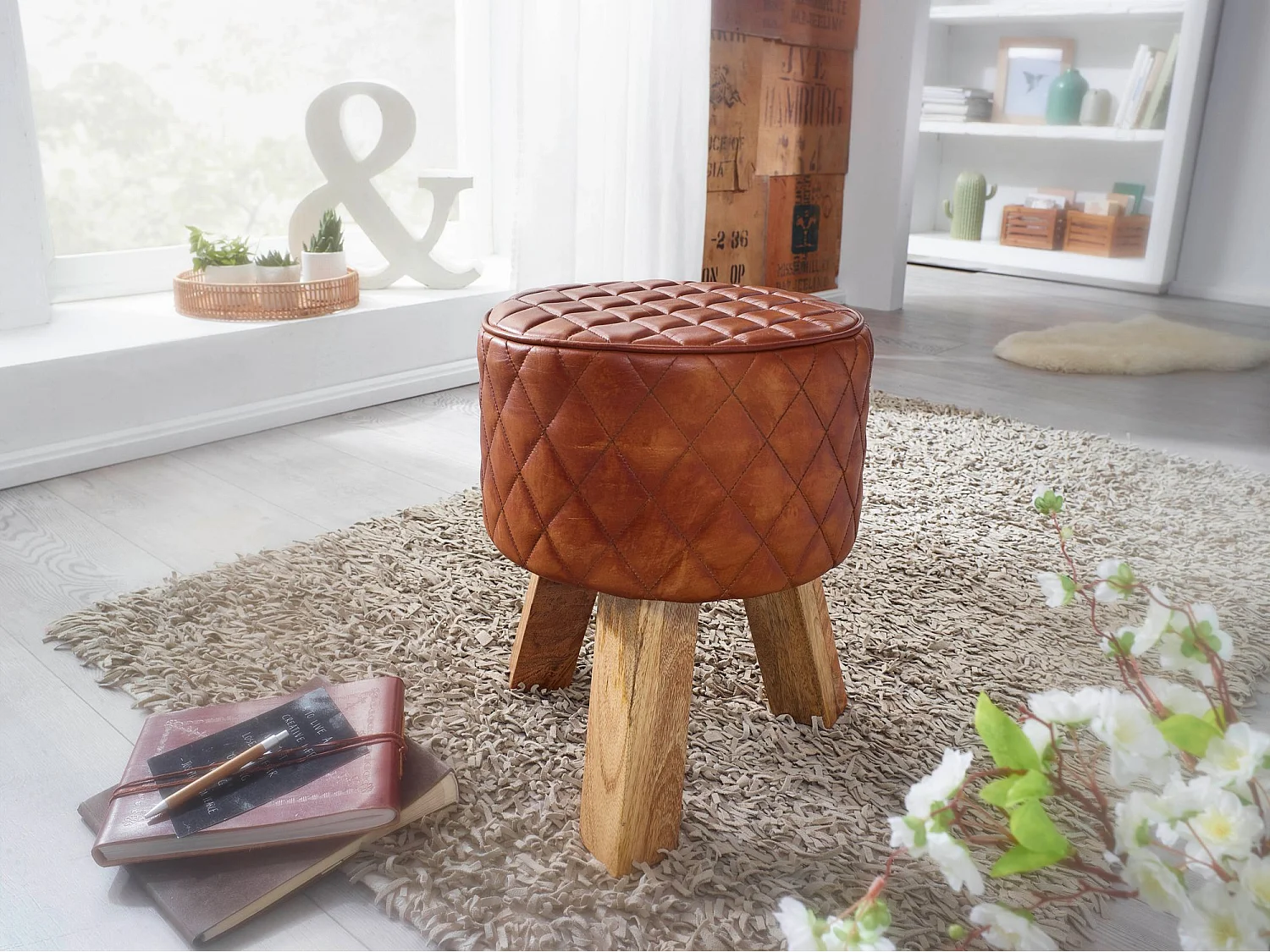 Pouf in vera pelle 35x46x35 cm pouf rotondo in pelle sgabello in legno massello