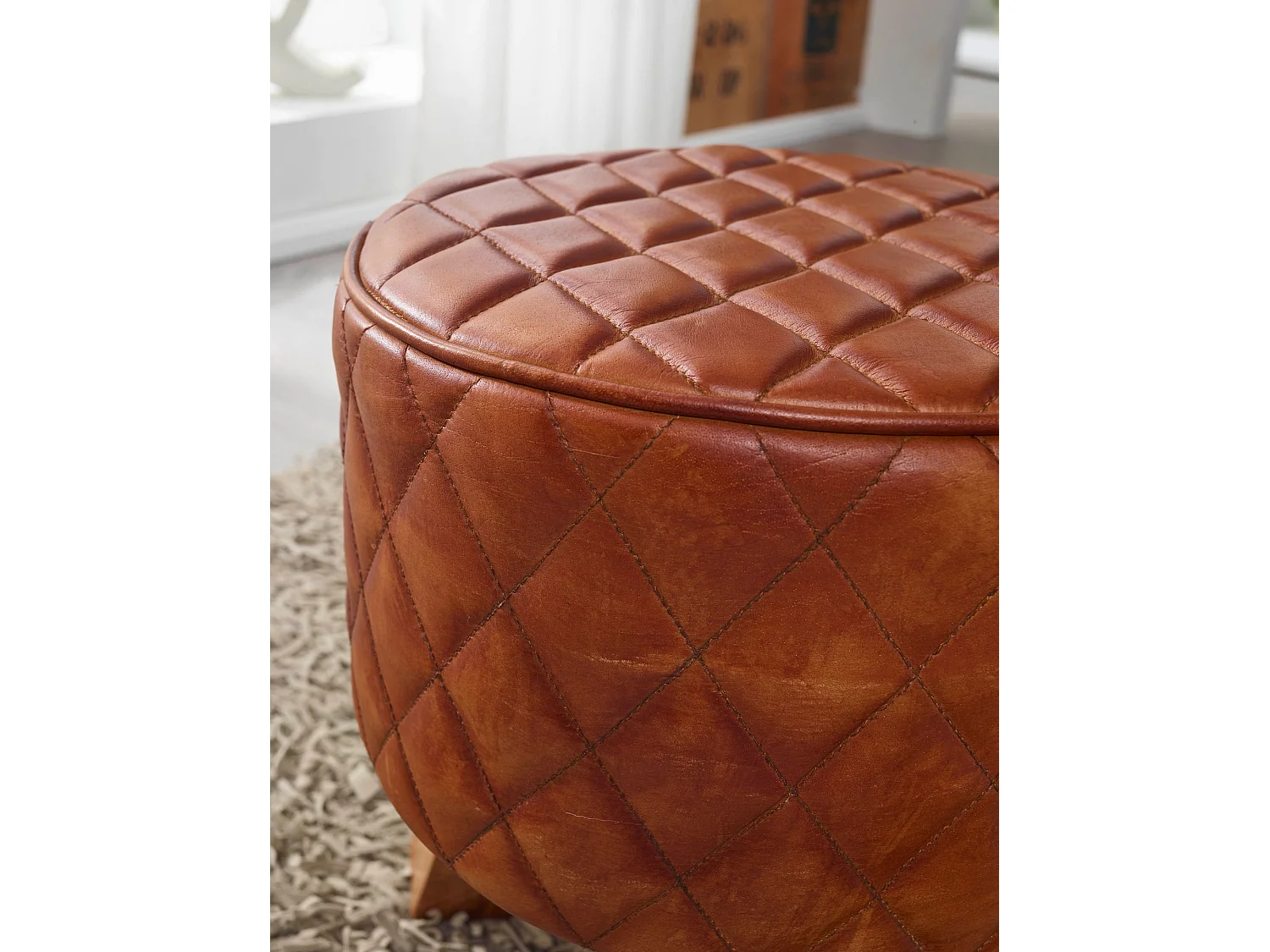 Pouf in vera pelle 35x46x35 cm pouf rotondo in pelle sgabello in legno massello