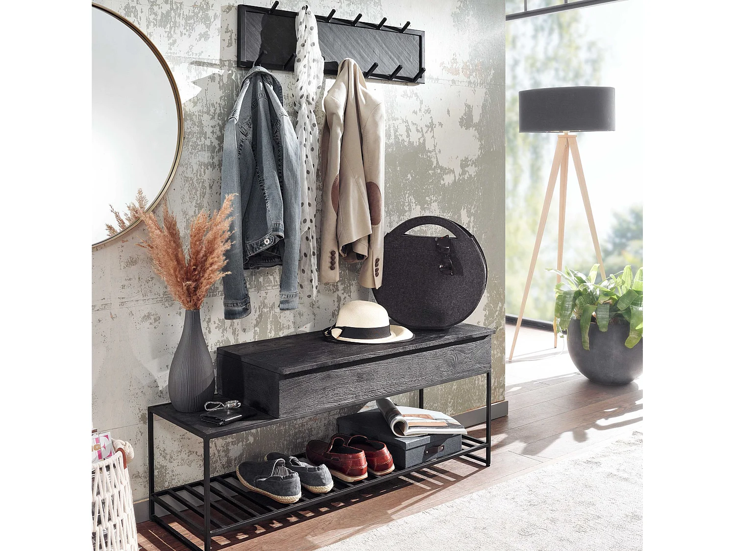 Panca con Appendiabiti da Parete Legno Massello 110 cm Nero Industriale