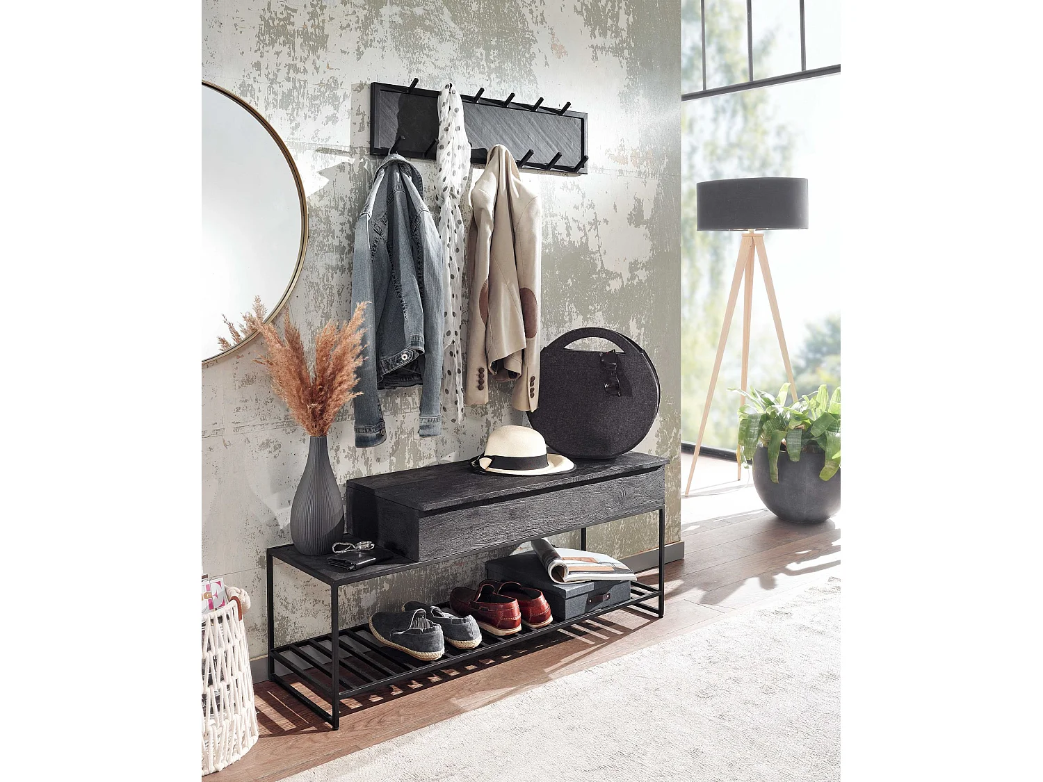 Panca con Appendiabiti da Parete Legno Massello 110 cm Nero Industriale